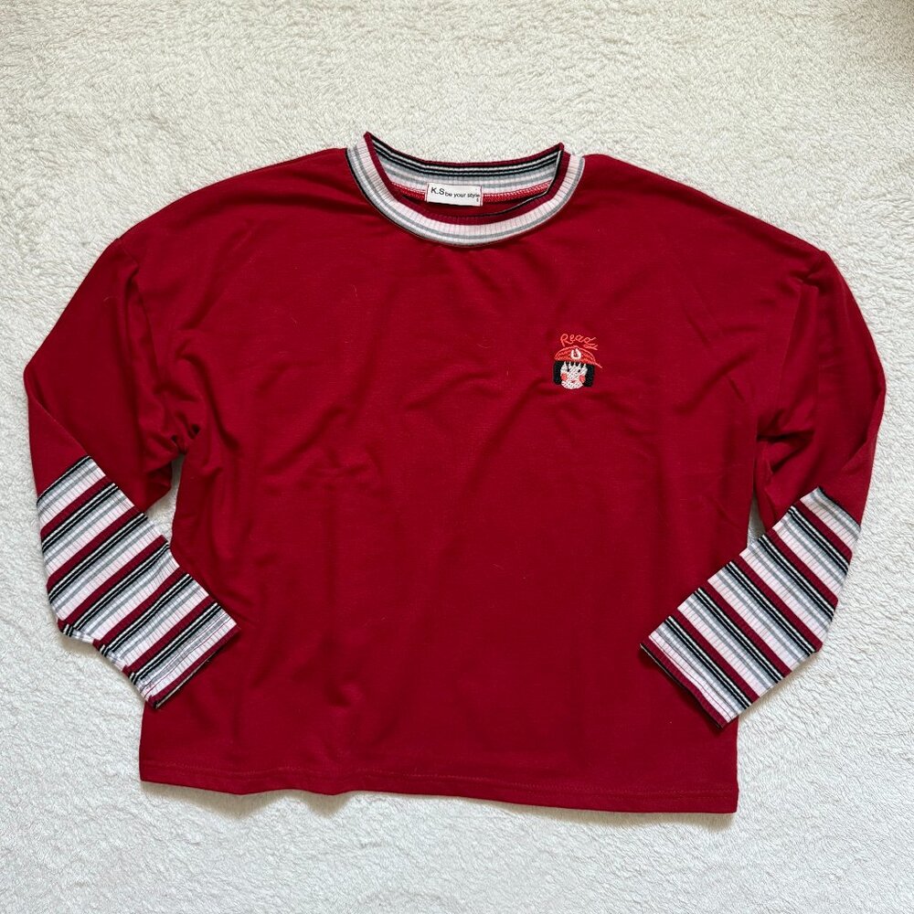 YesStyle Red Striped Sleeve & Neckline Long Sleeve Tee